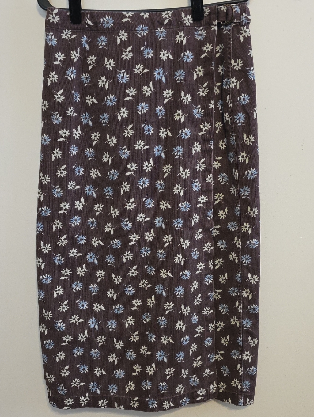 L.L. Bean Brown Midi Skirt with Blue and White Floral Print